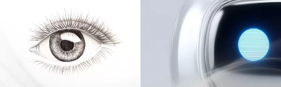 Image showing a human eye and a robot eye with a ribbon of yellow light to depict wisdom