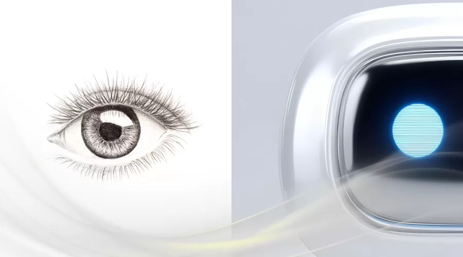 Image showing a human eye and a robot eye with a ribbon of yellow light to depict wisdom