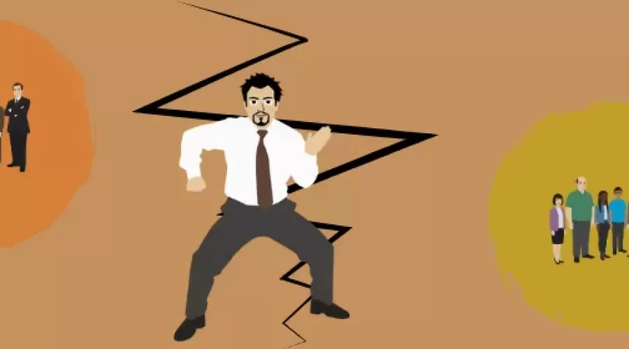 David Brent, the UK Office between two groups of people